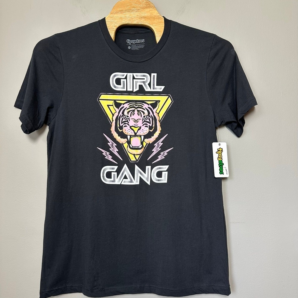 Tipsy Elves Women Graphic Tee Girl Gang Tiger Small Dark Gray Short Sleeve NWT - Picture 1 of 5